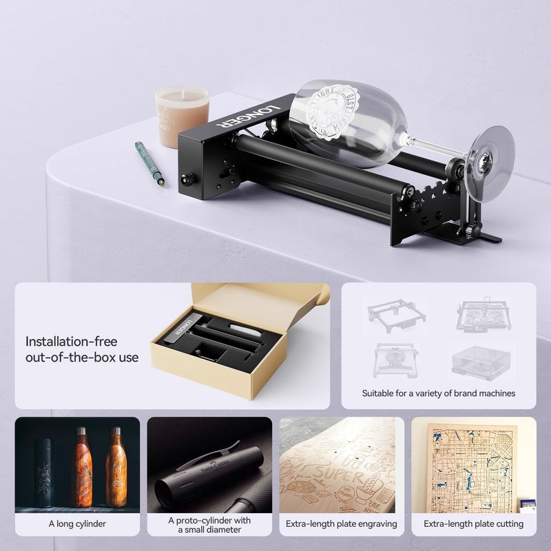 LONGER Laser Engraver Rotary Roller with Bracket, Y-Axis Rotary Roller 360° Rotation for Laser Engraver Engraving Cylindrical Objects Tumblers Cans Cups Bottles, Compatible with 99% of Laser Engraver - Image 3